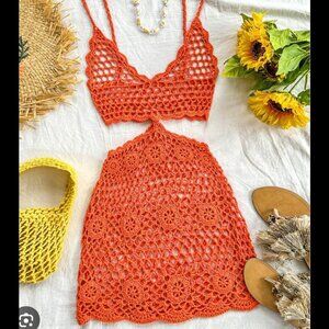 SHEIN Women's Tropical Style Vacation Orange Mini Dress, Crochet- L